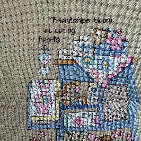 Vintage Cross Stitch Cats Friendships Bloom‎ Quote COMPLETE ready to frame - Picture 6 of 7